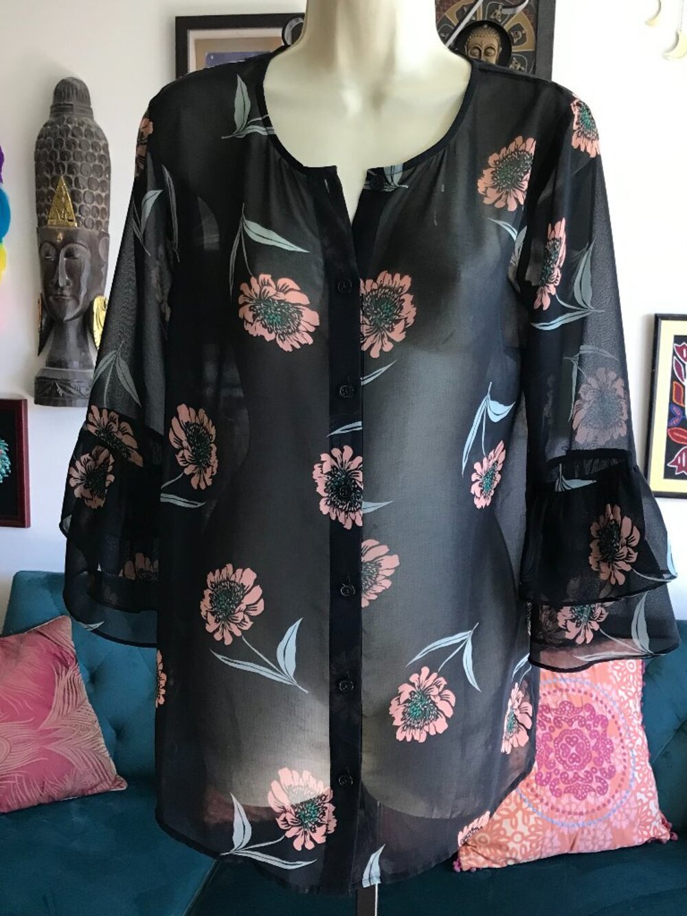 CAbi size XS La Di Da‎ Sheer Black Floral Chiffon Blouse Style #5206